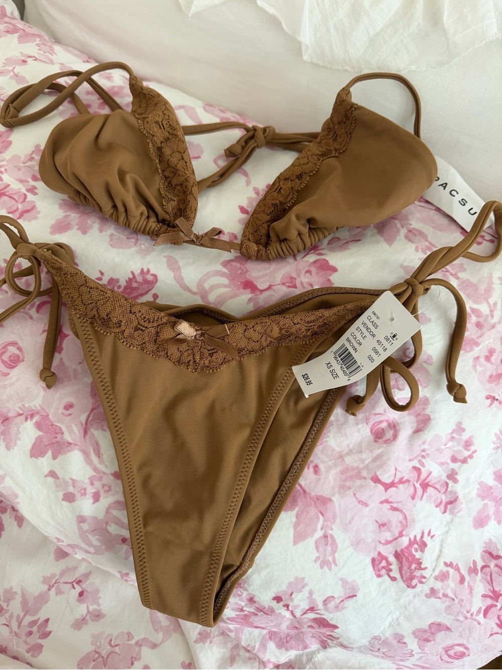 Brown Lace Trim Triangle Bikini Set